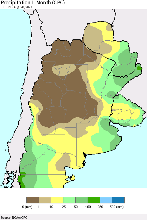 Southern South America Precipitation 1-Month (CPC) Thematic Map For 7/21/2023 - 8/20/2023