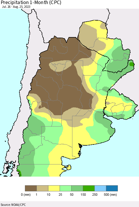 Southern South America Precipitation 1-Month (CPC) Thematic Map For 7/26/2023 - 8/25/2023