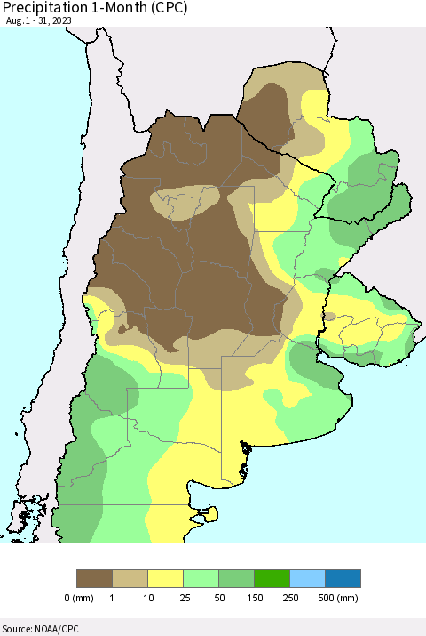 Southern South America Precipitation 1-Month (CPC) Thematic Map For 8/1/2023 - 8/31/2023