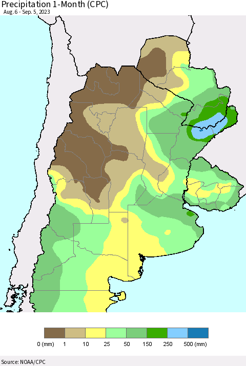 Southern South America Precipitation 1-Month (CPC) Thematic Map For 8/6/2023 - 9/5/2023