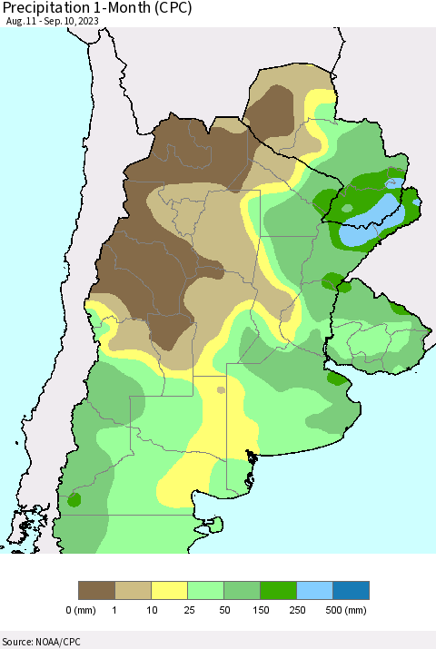 Southern South America Precipitation 1-Month (CPC) Thematic Map For 8/11/2023 - 9/10/2023