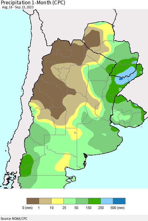 Southern South America Precipitation 1-Month (CPC) Thematic Map For 8/16/2023 - 9/15/2023