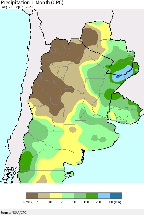 Southern South America Precipitation 1-Month (CPC) Thematic Map For 8/21/2023 - 9/20/2023