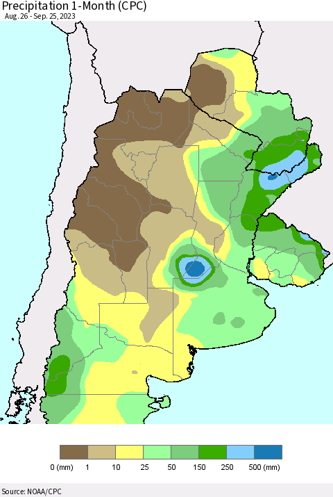 Southern South America Precipitation 1-Month (CPC) Thematic Map For 8/26/2023 - 9/25/2023