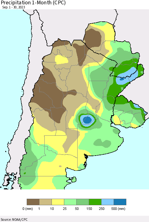 Southern South America Precipitation 1-Month (CPC) Thematic Map For 9/1/2023 - 9/30/2023