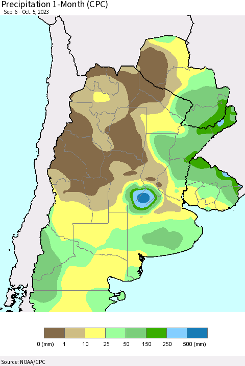 Southern South America Precipitation 1-Month (CPC) Thematic Map For 9/6/2023 - 10/5/2023