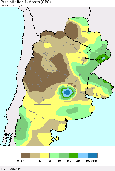 Southern South America Precipitation 1-Month (CPC) Thematic Map For 9/11/2023 - 10/10/2023
