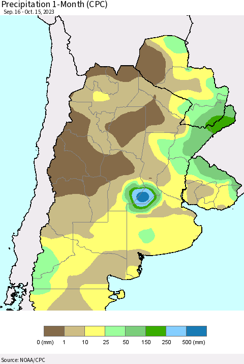 Southern South America Precipitation 1-Month (CPC) Thematic Map For 9/16/2023 - 10/15/2023