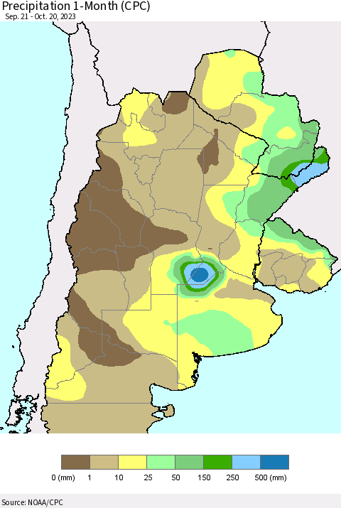 Southern South America Precipitation 1-Month (CPC) Thematic Map For 9/21/2023 - 10/20/2023
