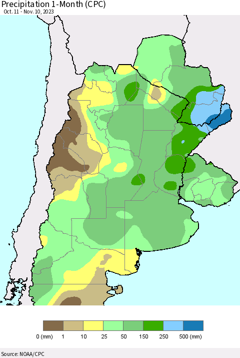 Southern South America Precipitation 1-Month (CPC) Thematic Map For 10/11/2023 - 11/10/2023