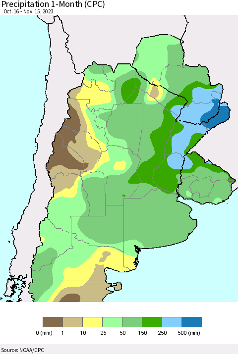 Southern South America Precipitation 1-Month (CPC) Thematic Map For 10/16/2023 - 11/15/2023