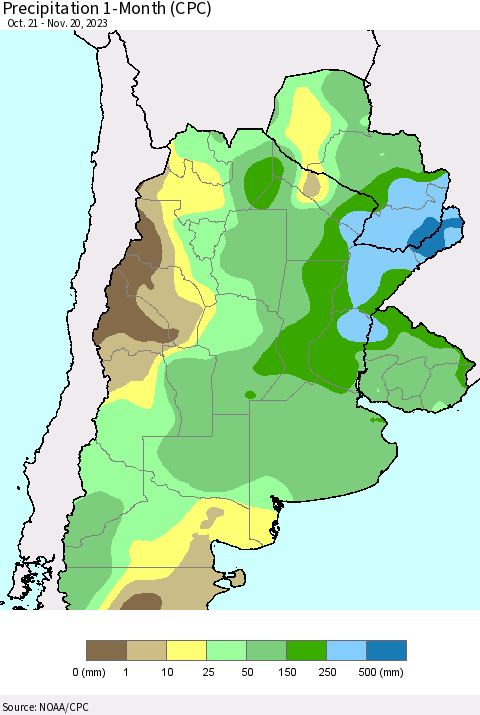 Southern South America Precipitation 1-Month (CPC) Thematic Map For 10/21/2023 - 11/20/2023