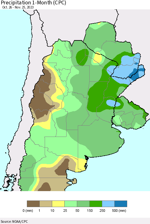 Southern South America Precipitation 1-Month (CPC) Thematic Map For 10/26/2023 - 11/25/2023