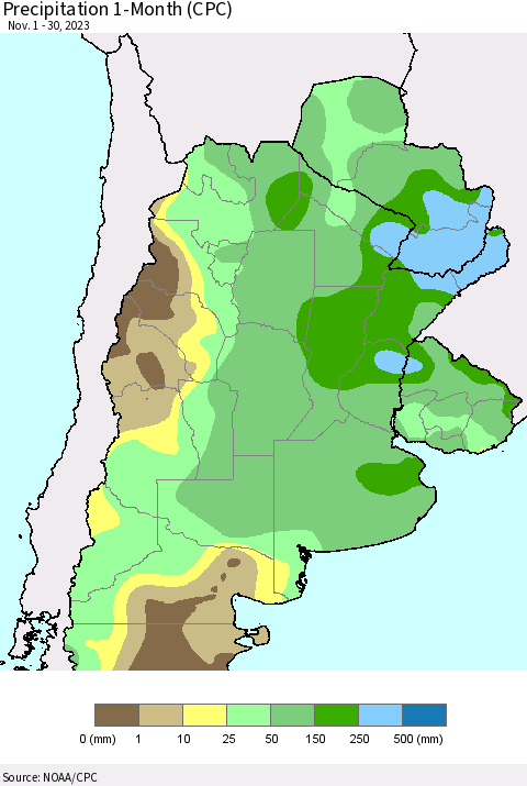 Southern South America Precipitation 1-Month (CPC) Thematic Map For 11/1/2023 - 11/30/2023