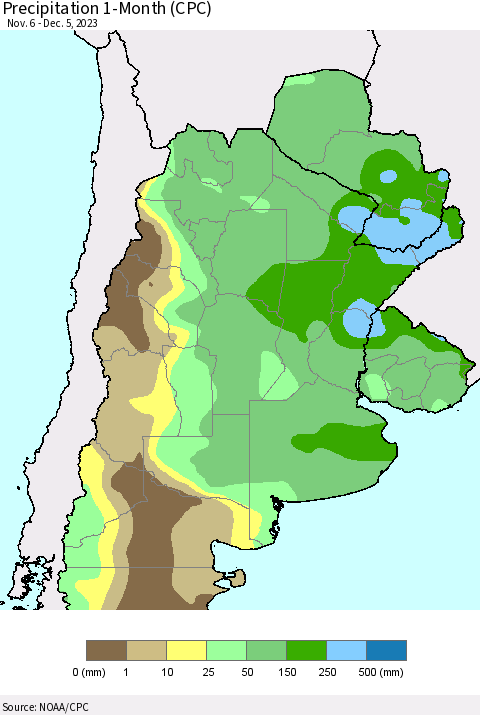 Southern South America Precipitation 1-Month (CPC) Thematic Map For 11/6/2023 - 12/5/2023