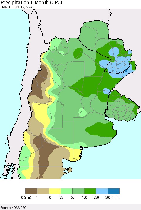 Southern South America Precipitation 1-Month (CPC) Thematic Map For 11/11/2023 - 12/10/2023