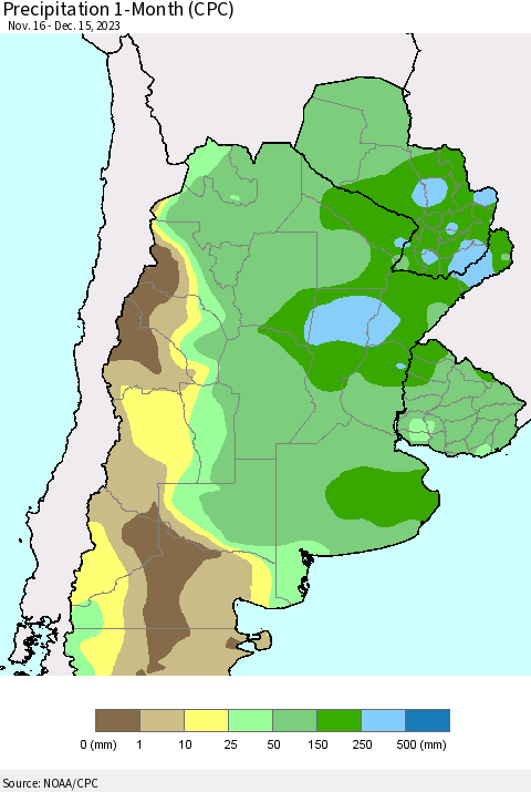 Southern South America Precipitation 1-Month (CPC) Thematic Map For 11/16/2023 - 12/15/2023