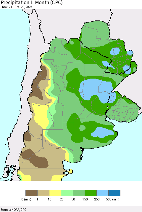 Southern South America Precipitation 1-Month (CPC) Thematic Map For 11/21/2023 - 12/20/2023
