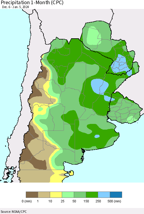 Southern South America Precipitation 1-Month (CPC) Thematic Map For 12/6/2023 - 1/5/2024
