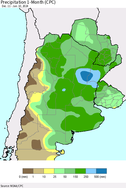 Southern South America Precipitation 1-Month (CPC) Thematic Map For 12/11/2023 - 1/10/2024
