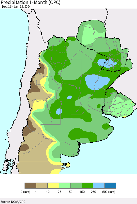 Southern South America Precipitation 1-Month (CPC) Thematic Map For 12/16/2023 - 1/15/2024