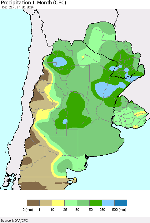 Southern South America Precipitation 1-Month (CPC) Thematic Map For 12/21/2023 - 1/20/2024