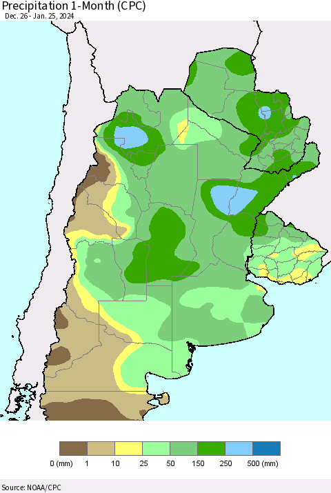 Southern South America Precipitation 1-Month (CPC) Thematic Map For 12/26/2023 - 1/25/2024