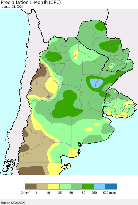 Southern South America Precipitation 1-Month (CPC) Thematic Map For 1/1/2024 - 1/31/2024