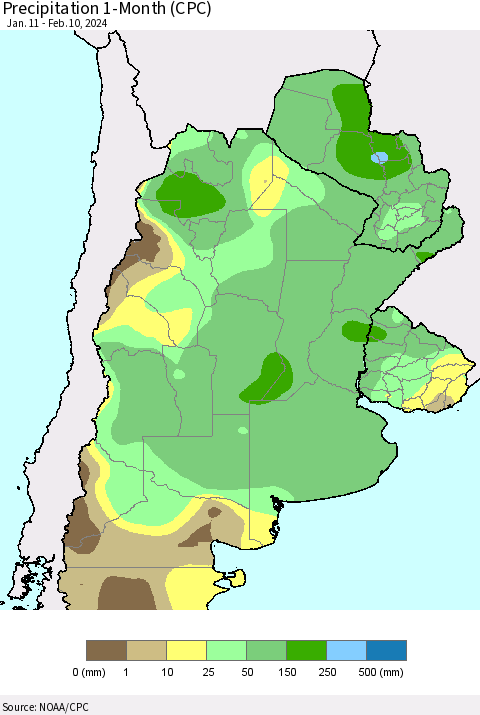 Southern South America Precipitation 1-Month (CPC) Thematic Map For 1/11/2024 - 2/10/2024