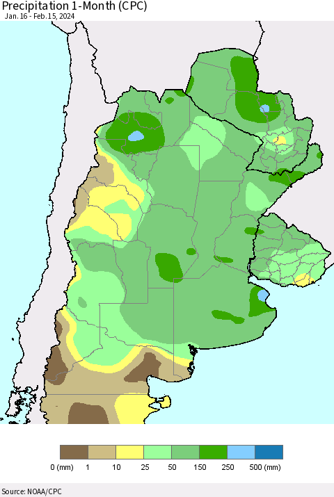 Southern South America Precipitation 1-Month (CPC) Thematic Map For 1/16/2024 - 2/15/2024