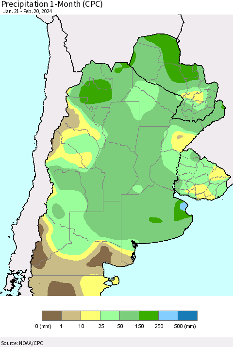 Southern South America Precipitation 1-Month (CPC) Thematic Map For 1/21/2024 - 2/20/2024