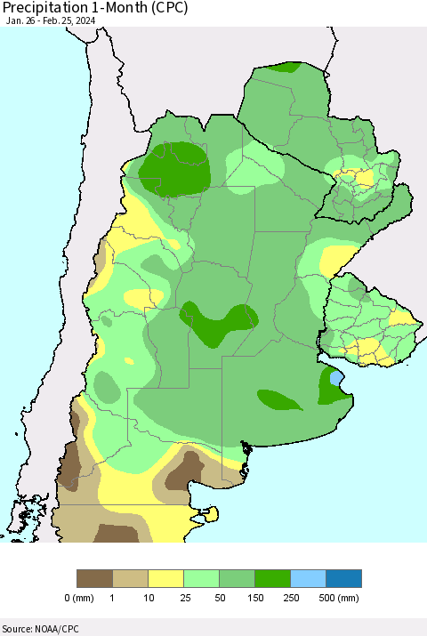 Southern South America Precipitation 1-Month (CPC) Thematic Map For 1/26/2024 - 2/25/2024
