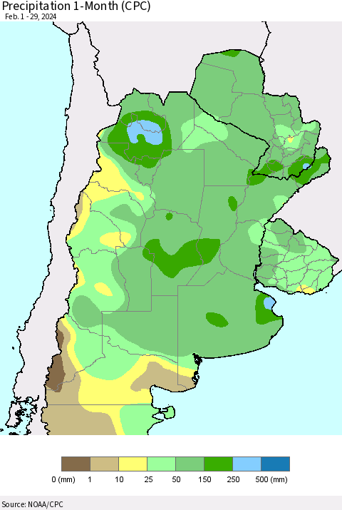 Southern South America Precipitation 1-Month (CPC) Thematic Map For 2/1/2024 - 2/29/2024
