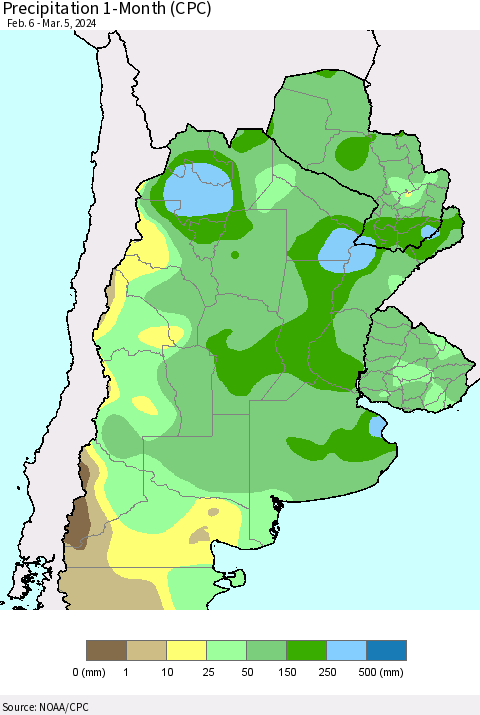 Southern South America Precipitation 1-Month (CPC) Thematic Map For 2/6/2024 - 3/5/2024
