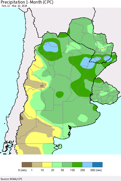 Southern South America Precipitation 1-Month (CPC) Thematic Map For 2/11/2024 - 3/10/2024