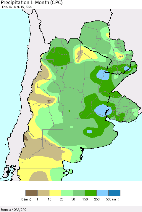 Southern South America Precipitation 1-Month (CPC) Thematic Map For 2/16/2024 - 3/15/2024