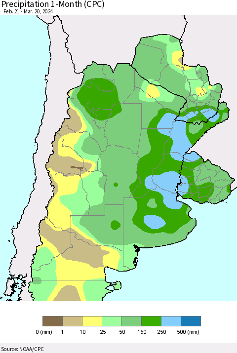 Southern South America Precipitation 1-Month (CPC) Thematic Map For 2/21/2024 - 3/20/2024