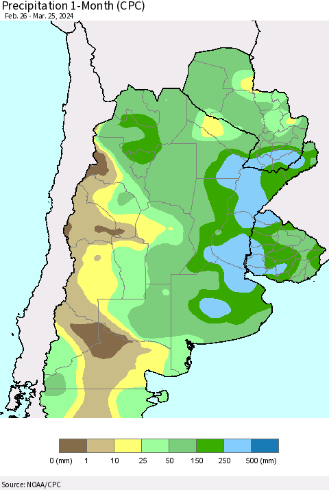 Southern South America Precipitation 1-Month (CPC) Thematic Map For 2/26/2024 - 3/25/2024