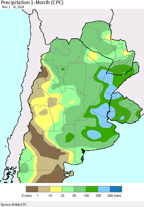Southern South America Precipitation 1-Month (CPC) Thematic Map For 3/1/2024 - 3/31/2024