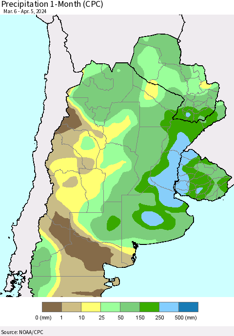 Southern South America Precipitation 1-Month (CPC) Thematic Map For 3/6/2024 - 4/5/2024