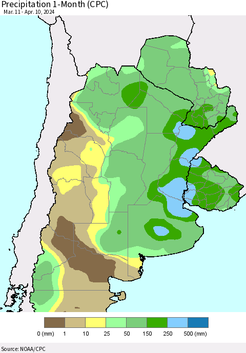 Southern South America Precipitation 1-Month (CPC) Thematic Map For 3/11/2024 - 4/10/2024