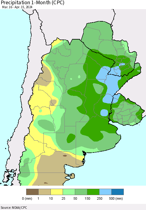 Southern South America Precipitation 1-Month (CPC) Thematic Map For 3/16/2024 - 4/15/2024