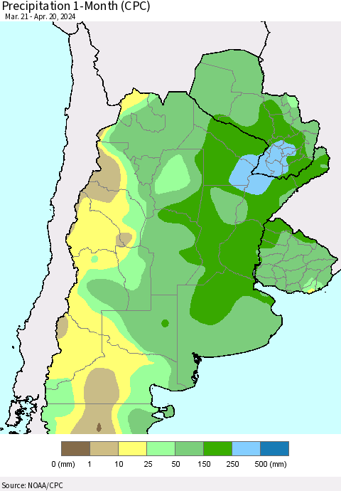 Southern South America Precipitation 1-Month (CPC) Thematic Map For 3/21/2024 - 4/20/2024