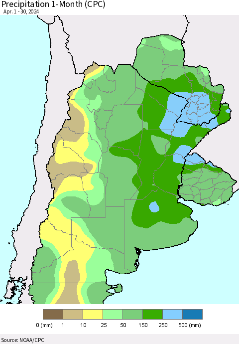 Southern South America Precipitation 1-Month (CPC) Thematic Map For 4/1/2024 - 4/30/2024