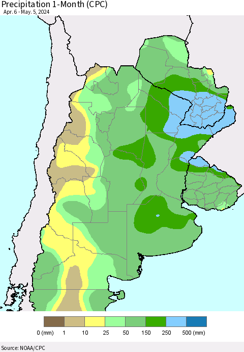 Southern South America Precipitation 1-Month (CPC) Thematic Map For 4/6/2024 - 5/5/2024