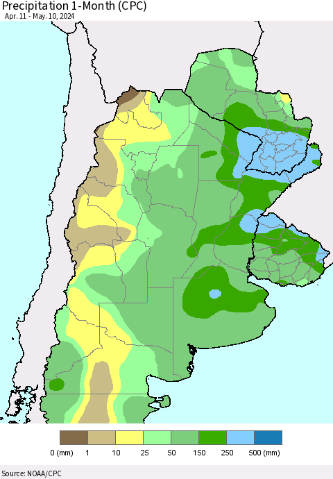 Southern South America Precipitation 1-Month (CPC) Thematic Map For 4/11/2024 - 5/10/2024