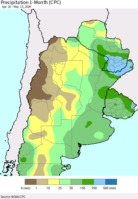 Southern South America Precipitation 1-Month (CPC) Thematic Map For 4/16/2024 - 5/15/2024