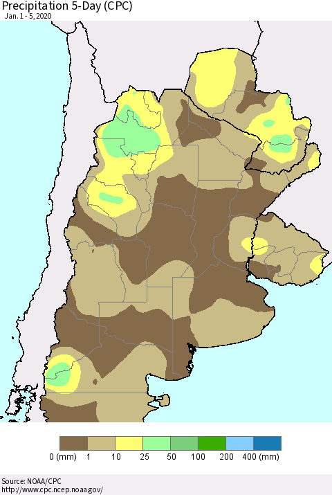 Southern South America Precipitation 5-Day (CPC) Thematic Map For 1/1/2020 - 1/5/2020
