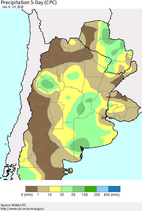 Southern South America Precipitation 5-Day (CPC) Thematic Map For 1/6/2020 - 1/10/2020
