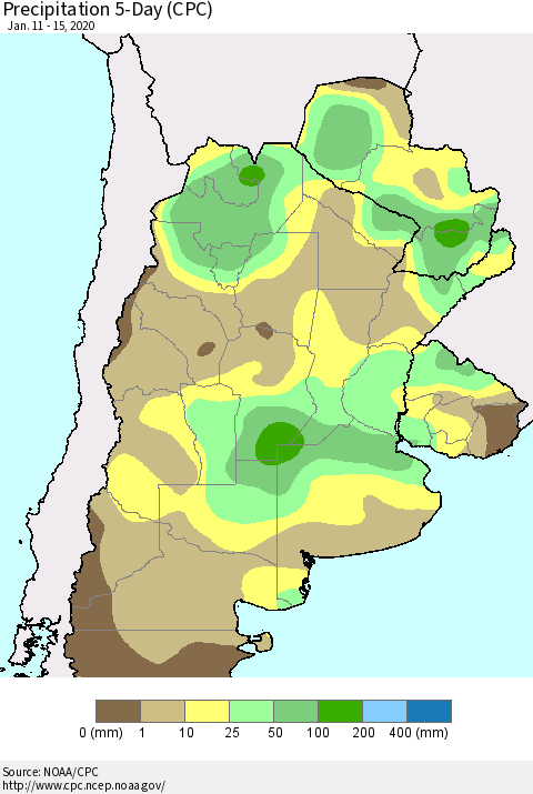 Southern South America Precipitation 5-Day (CPC) Thematic Map For 1/11/2020 - 1/15/2020